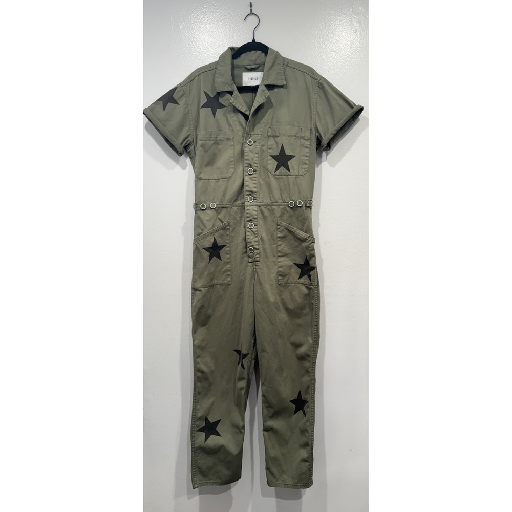 Pistola Grover Star Print Jumpsuit Size Medium Green Black Festival Boho Utility